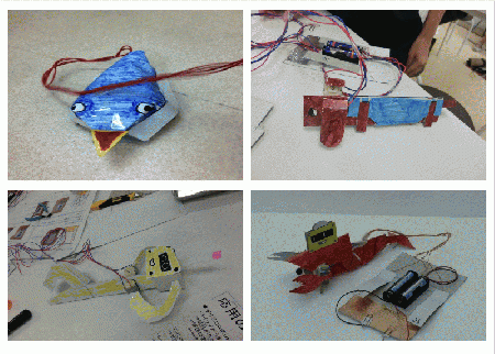 実際に子供たちがつくったアニマルロボット! 講座の第1回では、プラモデルのようなキットは全く使わず、紙とモーター、導線などの材料を組み合わせ、加工して自分だけのオリジナル「アニマルロボット」づくりにチャレンジします。